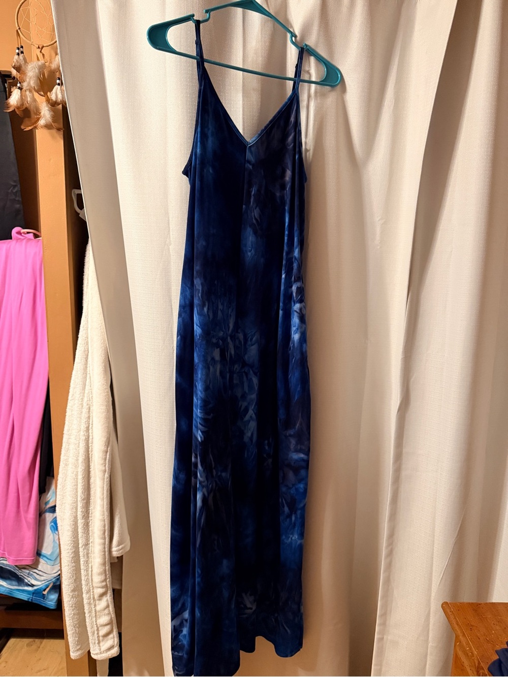 Navy Tie-Dye Slip Dress with Adjustable Spaghetti Straps